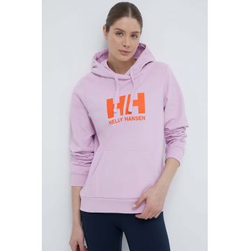 Helly Hansen hanorac de bumbac HH LOGO 2.0 femei, culoarea roz, cu glugă, cu imprimeu, 34460