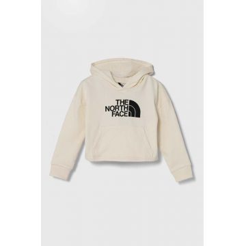 The North Face hanorac de bumbac pentru copii DREW PEAK LIGHT HOODIE culoarea bej, cu glugă, cu imprimeu