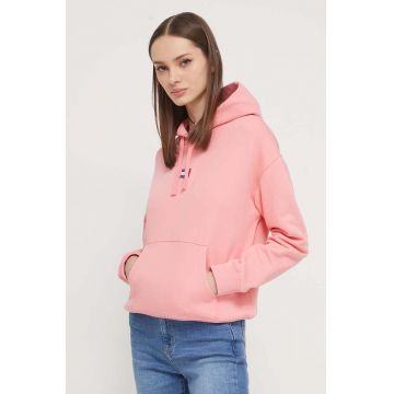 Tommy Jeans hanorac de bumbac femei, culoarea roz, cu glugă, imprimeu DW0DW17326