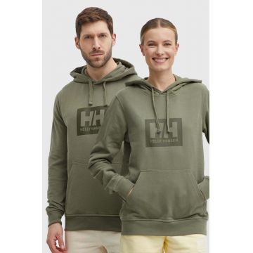 Helly Hansen hanorac de bumbac culoarea verde, cu glugă, cu imprimeu 53289