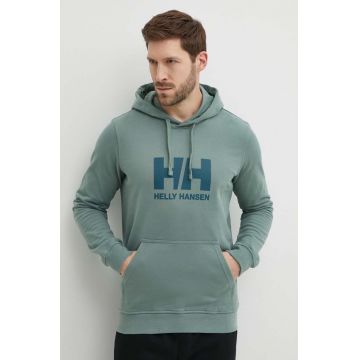 Helly Hansen hanorac de bumbac HH LOGO HOODIE bărbați, culoarea verde, cu glugă, cu imprimeu 33977