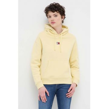 Tommy Jeans hanorac de bumbac femei, culoarea galben, cu glugă, imprimeu DW0DW17326