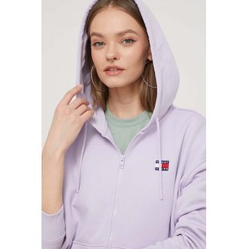 Tommy Jeans hanorac de bumbac femei, culoarea violet, cu glugă, imprimeu DW0DW17955