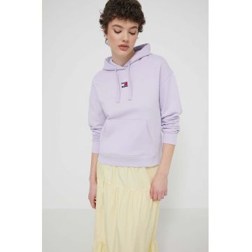 Tommy Jeans hanorac de bumbac femei, culoarea violet, cu glugă, imprimeu DW0DW17326