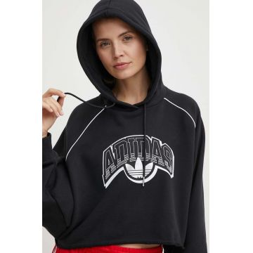 adidas Originals hanorac de bumbac femei, culoarea negru, cu glugă, cu imprimeu, IT9772