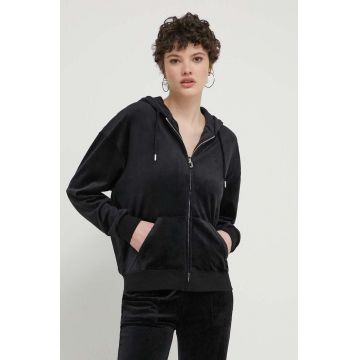 Juicy Couture bluză din velur culoarea negru, cu glugă, cu imprimeu