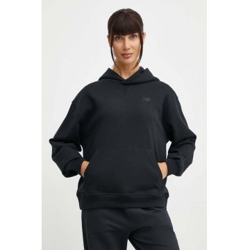 New Balance hanorac de bumbac femei, culoarea negru, cu glugă, neted, WT41537BK