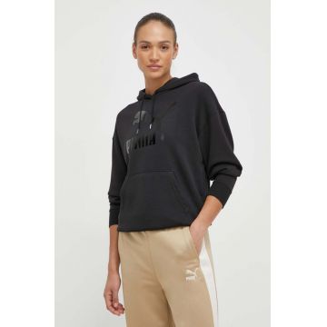 Puma bluză CLASSICS Shiny Logo Hoodie femei, culoarea negru, cu glugă, imprimeu, 625595