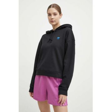 adidas Originals hanorac de bumbac femei, culoarea negru, cu glugă, cu imprimeu, IU2458