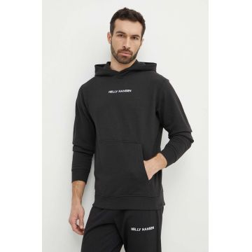 Helly Hansen bluza barbati, culoarea negru, cu glugă, cu imprimeu, 53533