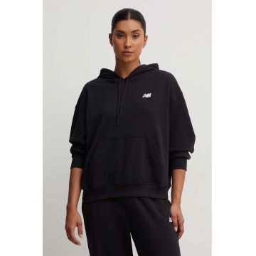 New Balance bluza Sport Essentials femei, culoarea negru, cu glugă, neted, WT41507BK