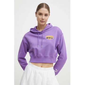 Puma hanorac de bumbac femei, culoarea violet, cu glugă, cu imprimeu, 624346