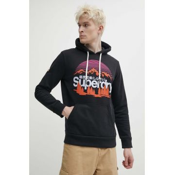 Superdry bluza barbati, culoarea negru, cu glugă, cu imprimeu