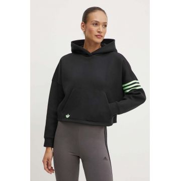 adidas Originals bluza femei, culoarea negru, cu glugă, cu imprimeu, IU2497