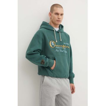 Champion bluza barbati, culoarea verde, cu glugă, cu imprimeu, 219997