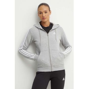 adidas bluza Essentials femei, culoarea gri, cu glugă, cu imprimeu, IM0236