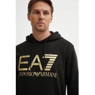 EA7 Emporio Armani hanorac de bumbac barbati, culoarea negru, cu glugă, cu imprimeu, PJSHZ.6DPM16