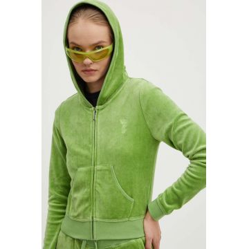 Juicy Couture bluză din velur HERITAGE ROBYN HOODIE culoarea verde, cu glugă, neted, JCSEBJ007