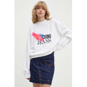 Moschino Jeans hanorac de bumbac femei, culoarea alb, cu imprimeu, 1709.8233