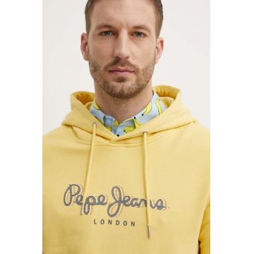 Pepe Jeans hanorac de bumbac SAUL HOODIE barbati, culoarea galben, cu glugă, cu imprimeu, PM582695