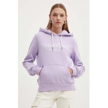 Superdry bluza femei, culoarea violet, cu glugă, cu imprimeu