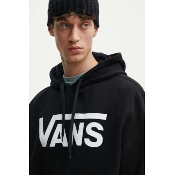 Vans hanorac de bumbac barbati, culoarea negru, cu glugă, cu imprimeu, VN000HNXBLK1