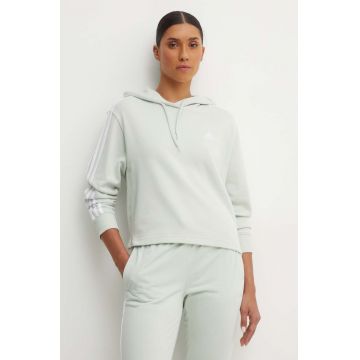 adidas hanorac de bumbac Essentials femei, culoarea verde, cu glugă, cu imprimeu, IY4215