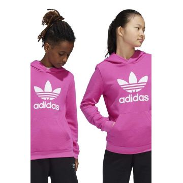 adidas Originals bluza copii TREFOIL HOODIE culoarea roz, cu glugă, cu imprimeu, IY7444