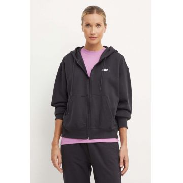 New Balance bluza femei, culoarea negru, cu glugă, cu imprimeu, WJ41501BK