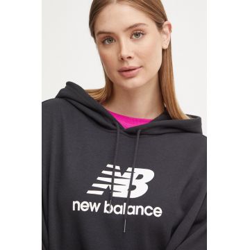 New Balance bluza femei, culoarea negru, cu glugă, cu imprimeu, WT41504BK