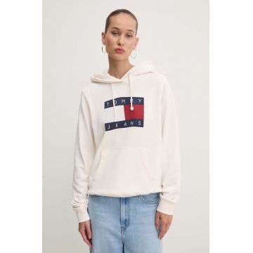 Tommy Jeans hanorac de bumbac femei, culoarea bej, cu glugă, cu imprimeu, DW0DW18654