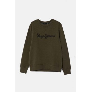 Pepe Jeans hanorac de bumbac pentru copii NEW LAMONTY CREW culoarea verde, cu imprimeu, PB581613