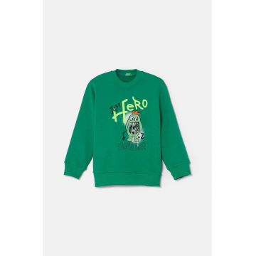 United Colors of Benetton hanorac de bumbac pentru copii culoarea verde, cu imprimeu, 3FWYG10FN