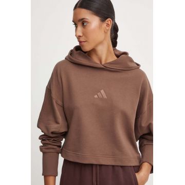 adidas bluza All SZN femei, culoarea maro, cu glugă, neted, JI9105