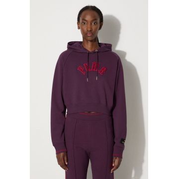 Puma bluza Classics Play Paris Relaxed Hoodie femei, culoarea violet, cu glugă, cu imprimeu, 627484