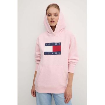 Tommy Jeans bluza femei, culoarea roz, cu glugă, cu imprimeu, DW0DW19047