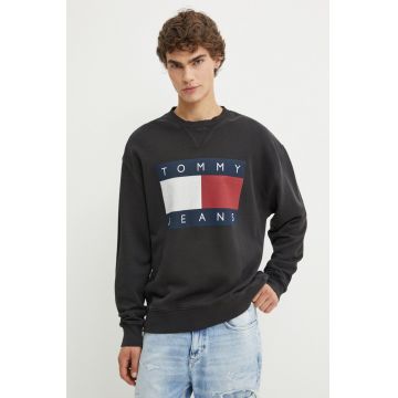 Tommy Jeans hanorac de bumbac barbati, culoarea gri, cu imprimeu, DM0DM19222