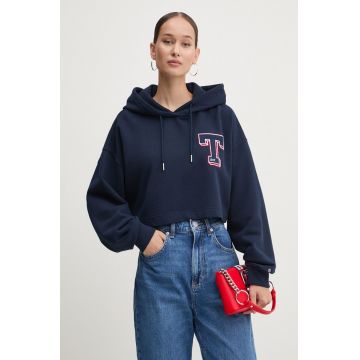 Tommy Jeans hanorac de bumbac femei, culoarea albastru marin, cu glugă, cu imprimeu, DW0DW18653