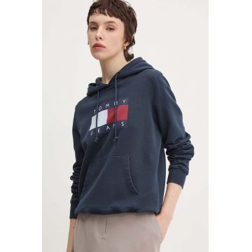 Tommy Jeans hanorac de bumbac femei, culoarea albastru marin, cu glugă, cu imprimeu, DW0DW18654