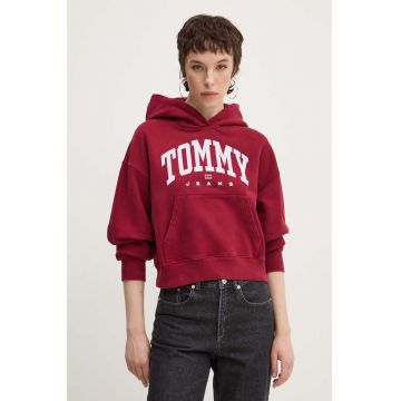 Tommy Jeans hanorac de bumbac femei, culoarea bordo, cu glugă, cu imprimeu, DW0DW19291