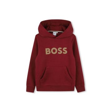 BOSS bluza copii culoarea bordo, cu glugă, cu imprimeu, J51187