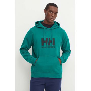 Helly Hansen hanorac de bumbac HH LOGO barbati, culoarea verde, cu glugă, cu imprimeu, 30394