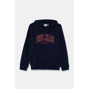 Pepe Jeans hanorac de bumbac pentru copii BAIN HOODIE culoarea albastru marin, cu glugă, cu imprimeu, PB581624