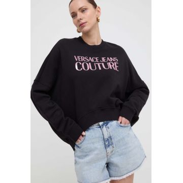 Versace Jeans Couture hanorac de bumbac femei, culoarea negru, cu glugă, cu imprimeu