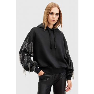 AllSaints hanorac de bumbac LENNON TASSEL femei, culoarea negru, cu glugă, cu imprimeu, W002JA