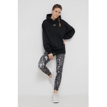 Reebok bluză trening Studio Recycled femei, culoarea negru, cu glugă, neted