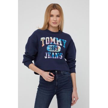 Tommy Jeans hanorac de bumbac femei, culoarea albastru marin, cu imprimeu