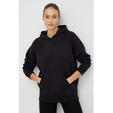 adidas bluza femei, culoarea negru, cu glugă, neted