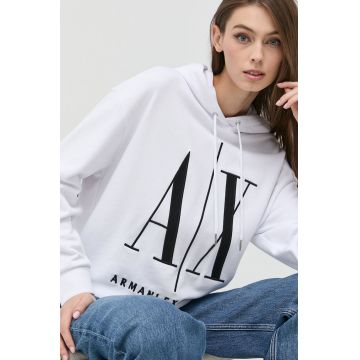 Armani Exchange hanorac de bumbac femei, culoarea alb, cu imprimeu