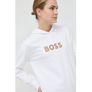 BOSS hanorac de bumbac femei, culoarea alb, cu glugă, imprimeu 50468367